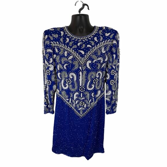 Vintage Silk Cocktail Dress Blue Sequin Beaded Avant Garde - Scala Size Med/Lrg - Picture 2 of 16